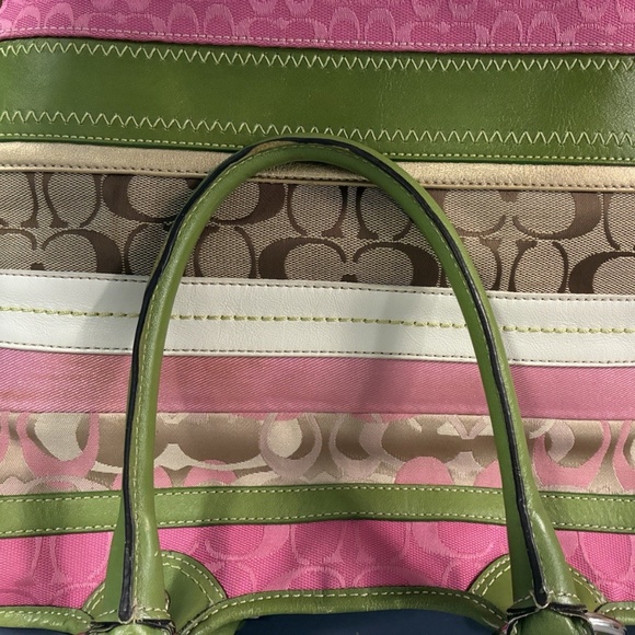 Coach Bleecker Striped Patchwork Pink Green Tote Bag w Daisy Charm Rare F14726 - Picture 11 of 14